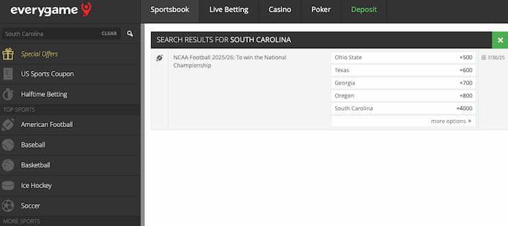 A view of Everygame sports betting, part of the top South Carolina sportsbooks.